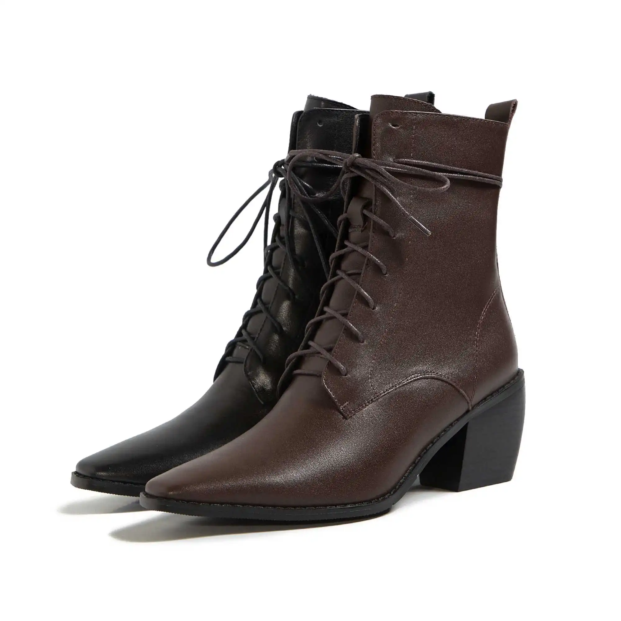 

Lenkisen work boots genuine leather cross-tied thick high heels small square toe zipper office lady daily wear ankle boots L31