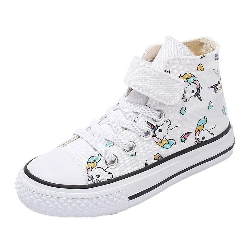 

Children's canvas shoes boys white shoes girls cloth shoes baby Velcro board shoes graffiti rainbow shoes 2021 new non-slip