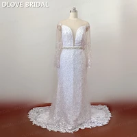 luxury silver beaded lace mermaid wedding dress long sleeve bridal gown plus size vestido de noiva real photos