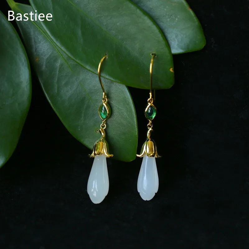 

Bastiee Silver 925 Jewelry 925 Sterling Silver Earrings Dangle Earrings Vintage Korean Earrings Golden Plated Jade