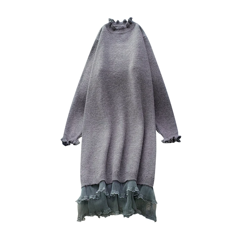 

ruffles knitted women dresses solid mesh patchwork loose knee-length lady elegant dresses top quality