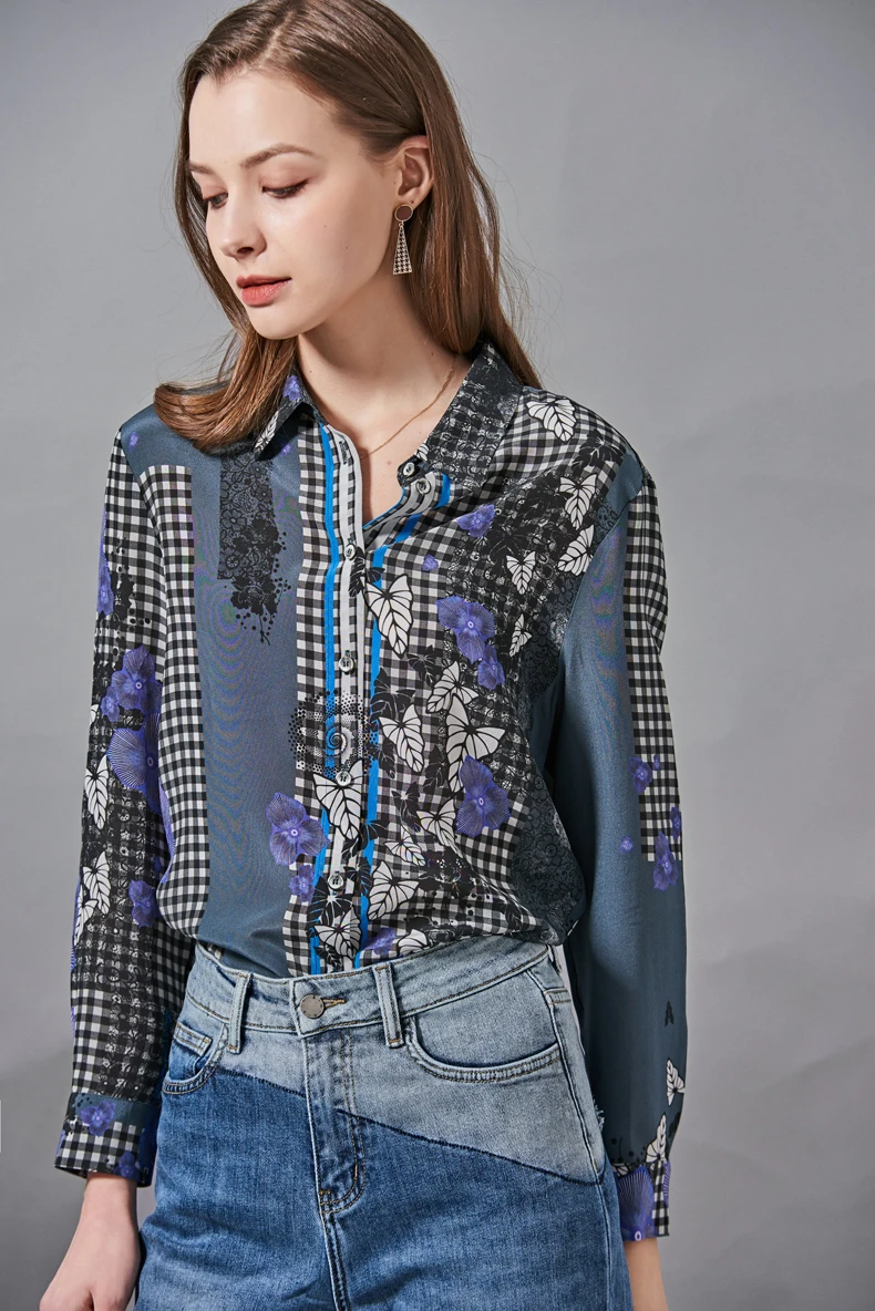 

100% Natural Silk Women's Shirt Turn Down Collar Long Sleeves Plaid Floral Printed Designer Blouse Tops