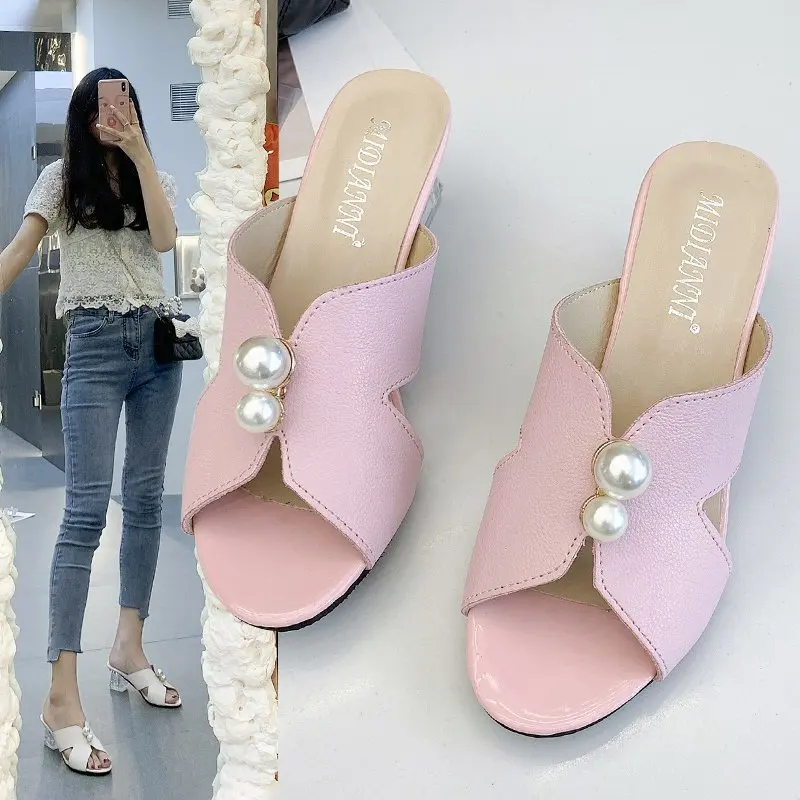 

2021 Women Sexy Sandals Summer Fashion Pearl Slippers Peep Toe Heel Slippers Transparent Heel Slippers Zapatillas Mujer Solid
