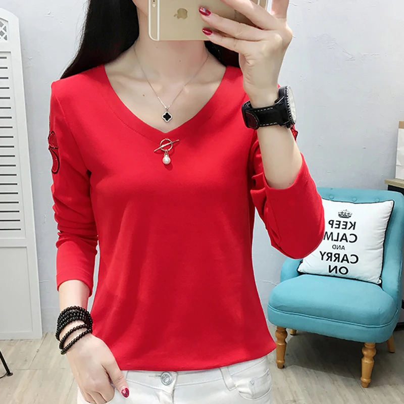 Футболка shintimes с бисером женская футболка на осень 2018 вырезами в стиле пэчворк