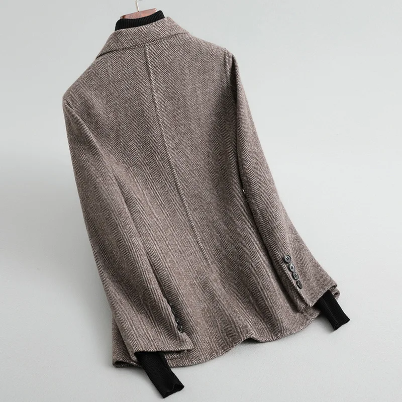 Женский 2019 FW двусторонний шерстяной Блейзер кофе елочка полосатый пиджак |