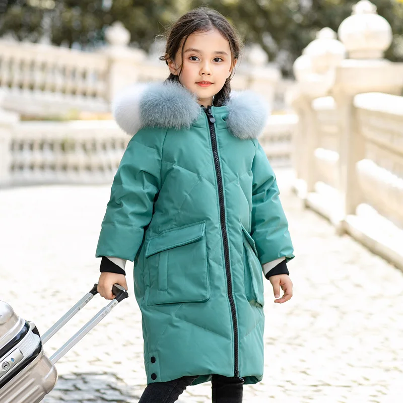 Детский Зимний пуховик для девочек зимнее пальто с капюшоном натуральным мехом