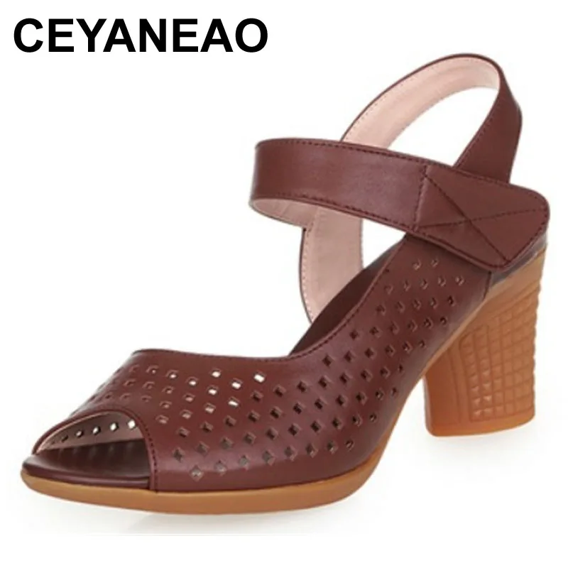 

CEYANEAO New Fish Mouth Soft Cowhide Breathable Leather Sandals Summer Women's Sandals Comfort Elegant High Heel Sandals Casual