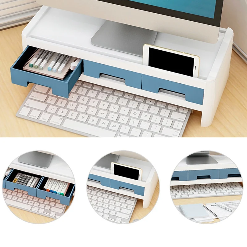 

Desktop Computer Keyboard Lockers 2 Layers Monitor Stand Computer Monitor Riser Desk Organizers with Drawers
