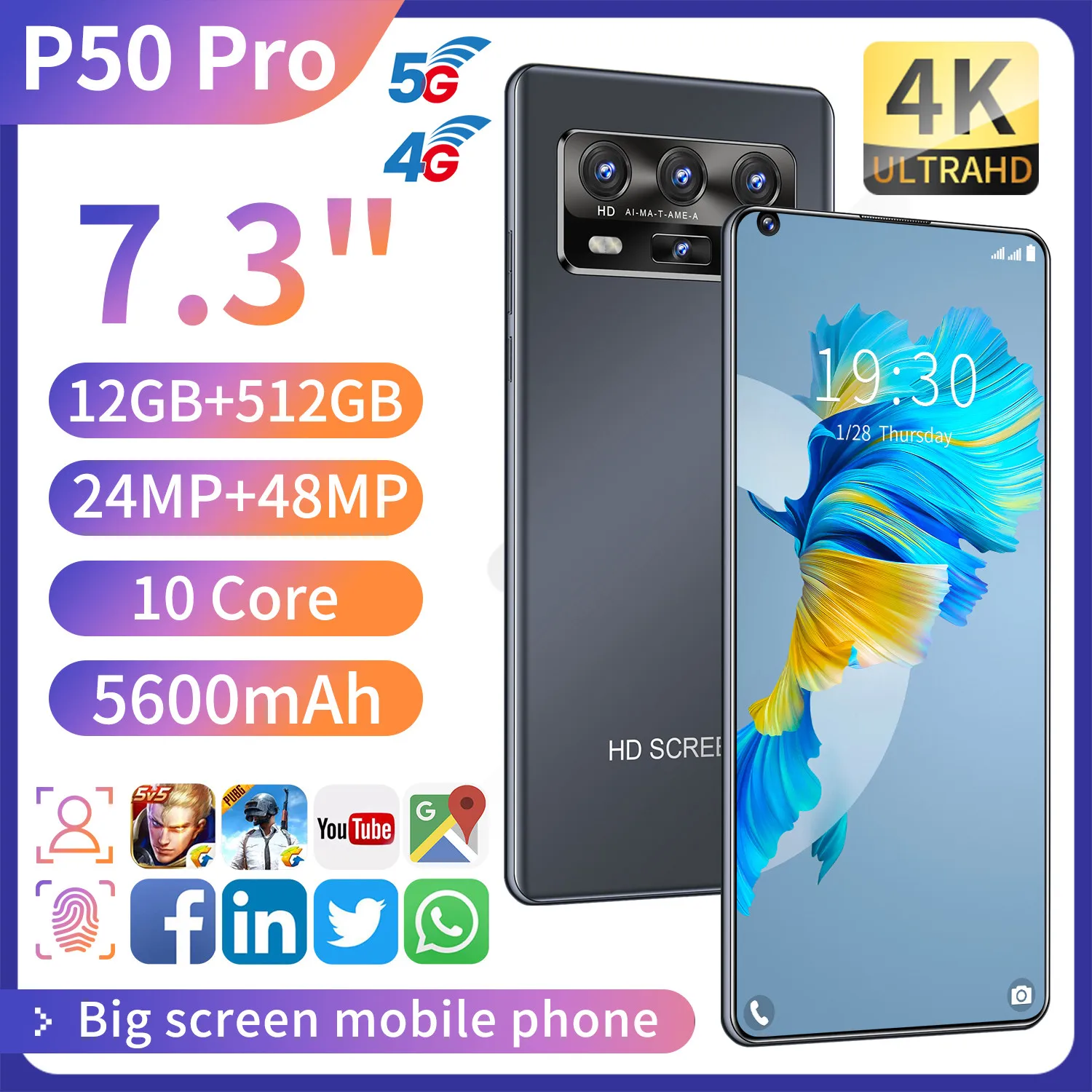 

P51 pro 12+512g smartphone Network mode double card double wait Fingerprint/Facial Fake Fingerprint Identification