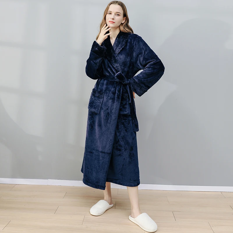 Men Winter Extra Long Knitted Waffle Flannel Coral Fleece Bathrobe Male Full Sleeve Kimono Bath Robe Women Warm Dressing Gown mens silk pajamas