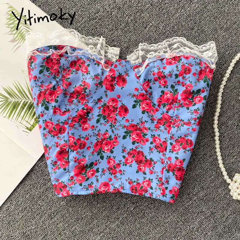 

Yitimoky модные кружевные топы с цветочным принтом с запахом на груди для женщин эластичные сексуальные Клубные Топы без бретелек на лето 2021
