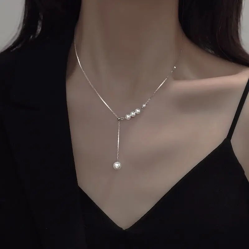 

Длинная жемчужная кисточка Регулируемая цепочка до ключицы ожерелье из стерлингового серебра 925 пробы с подвеской для женщин Круглый бисер...