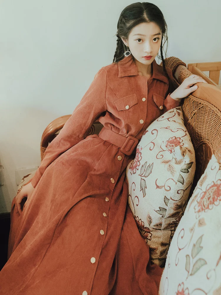 Леди темперамент ретро вельветовое платье Осень Зима Женское однотонное с