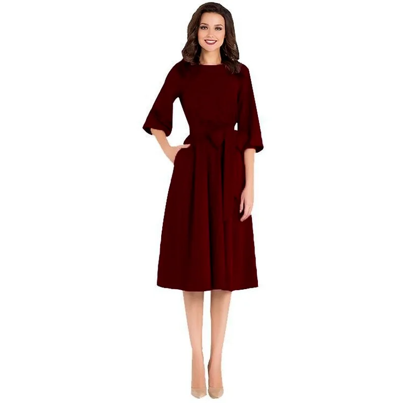 

Ladies Long Skirt Spring and Autumn Round Neck Elegant A-line Skirt Three-quarter Sleeve Belt Dress Base Long Skirt Ladies
