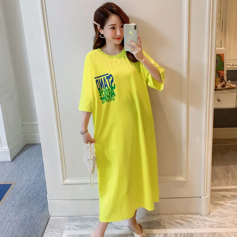 

Letter Print Nightdress Yellow Nightgown Home Clothes Summer O-Neck Sleep Dressing Gown For Female Loungewear Intimate Lingerie