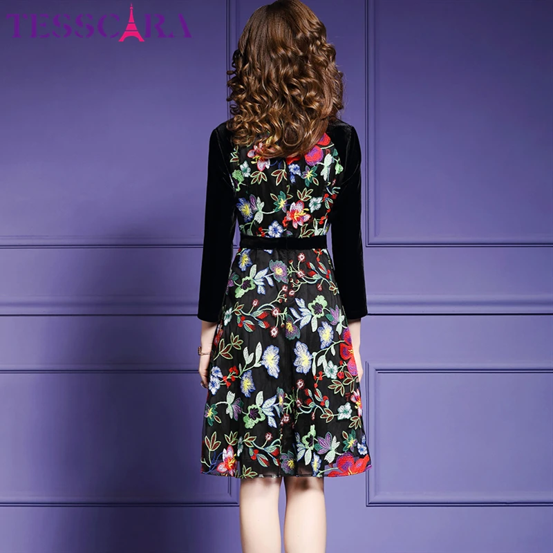 Женское зимнее роскошное Сетчатое платье TESSCARA с цветочной вышивкой женское