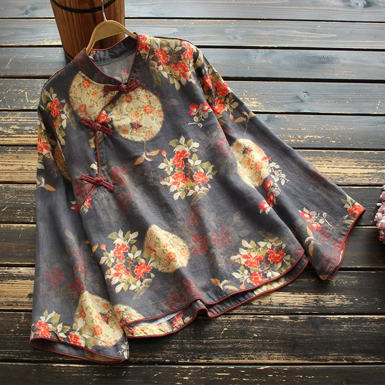 

8826New women's spring clothing shirt artistic retro long sleeve stand collar printed diagonal buckle pullover linen top