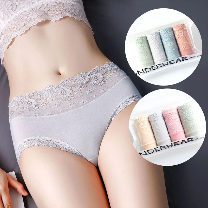 

Maidy 4 PCS/PACK Women Panties Lace Lingerie Mid-waist Sexy Ladies Briefs Women's Cotton Panties