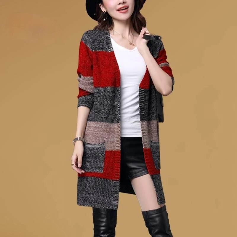 

Tricot Outwear Open Stitch Casaco Casual Striped Loose V-neck Knitted Long Cardigan Sweater Coat Autumn Winter New Fashion
