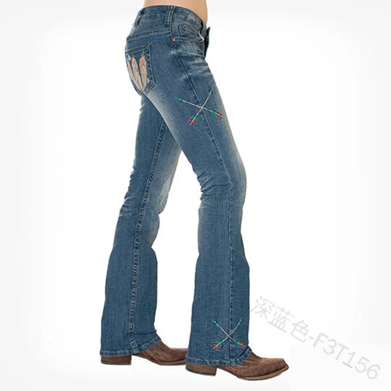 

Mandylandy Vintage Women Bell-bottomed Trousers Embroidery Flower Denim Pants Stretchy Wash Jeans Flare Denim Pants Plus Size