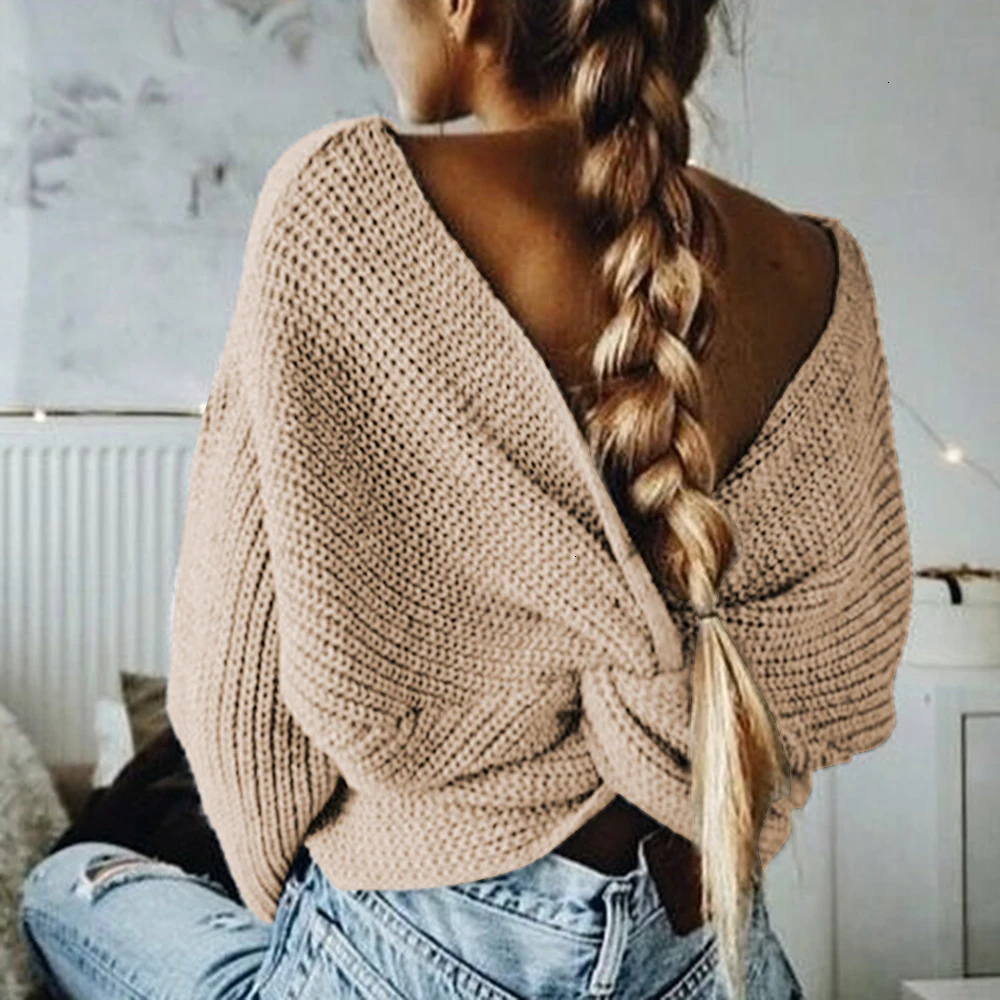 Lumbar Sweater Sexy Cross Slim Women V Neck Crop Top Winter Clothes Khaki Jumper Pullovers Chompas Para Mujer 2019 | Женская одежда