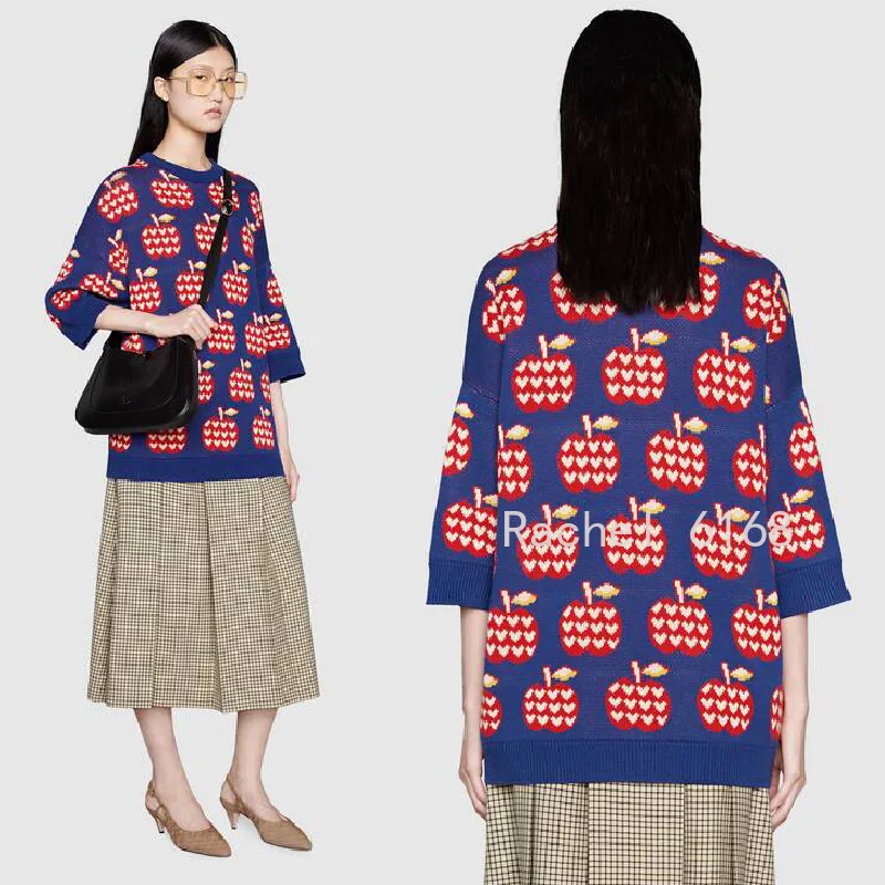 

Luxury Design 2021 autumn winter new Apple love pattern round neck short sleeve sweater women's knitted fashion sweater