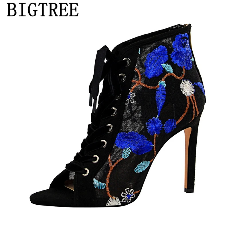 Сандалии-гладиаторы женские с открытым носком босоножки вышивкой bigtree обувь на