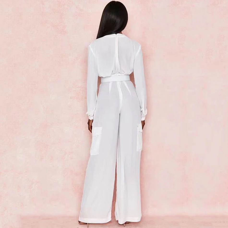 

2019 Summer White Long Sleeve Jumpsuit Women Sexy V-Neck Fashion Sashes Pocket Casual Wide Leg Beachwear Jumpsuits Wholesale
