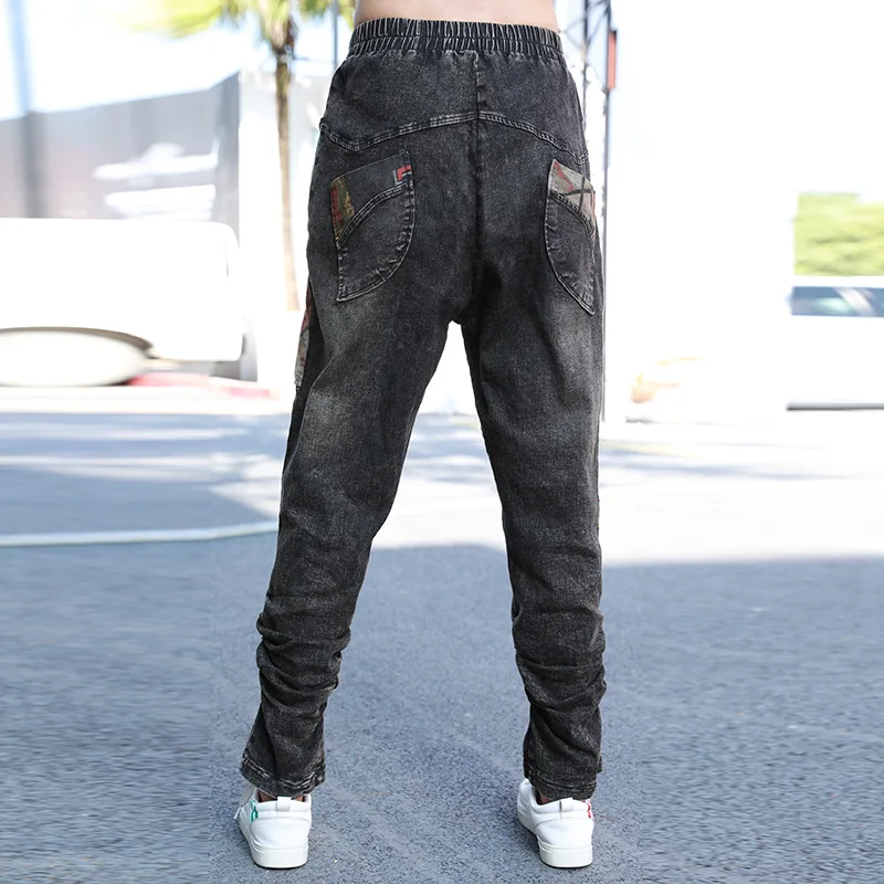 

Denim Vintage Retro Trousers In Spring Loose Elastic Waist Ripped Jeans For Women Fashion Lady Women's Printing Harem Pants