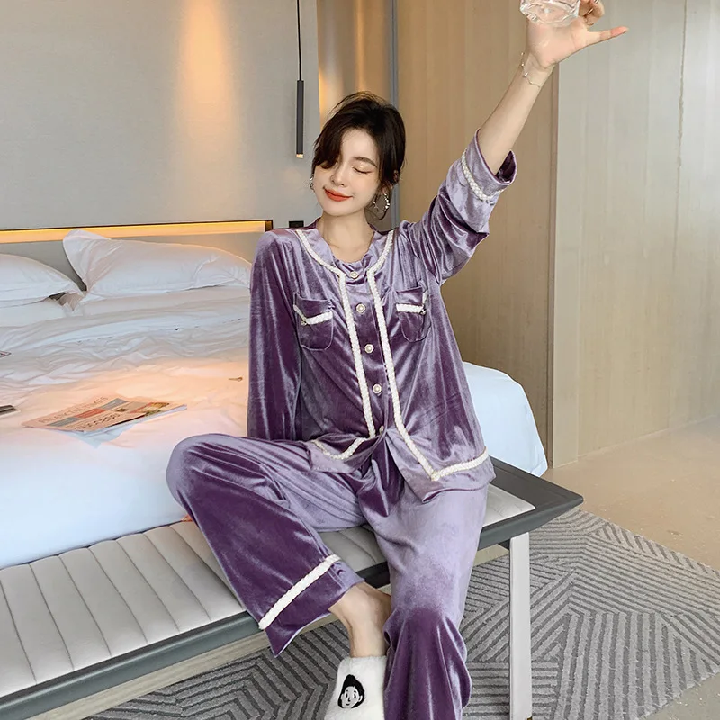 

Autumn Winter New Women Velour Pajamas Set Long Sleeve Leisure Suit Home Clothes Daily Casual Soft Sleepwear Lady Nightclothes