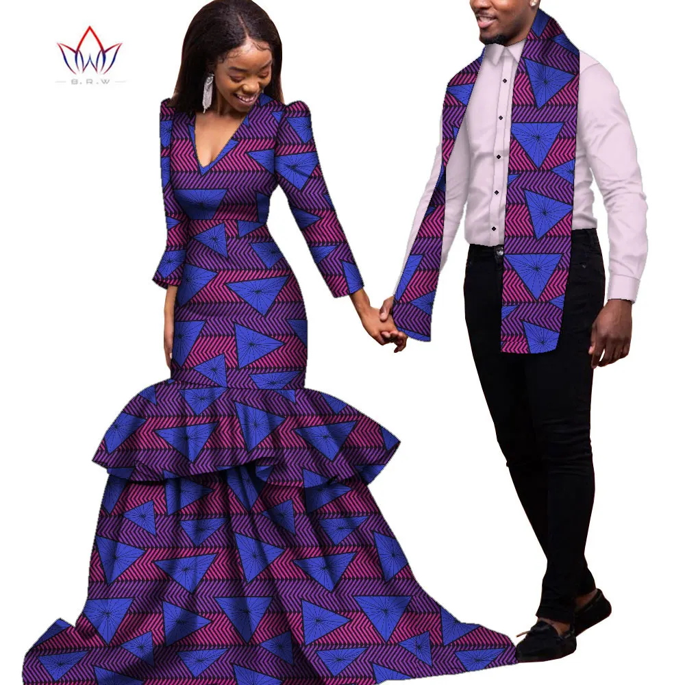

African Dashiki Print Couple Lovers Clothing Men Shirts Scarf Set and Women Long Sleeve Dress Party Wedding Dresses WYQ849