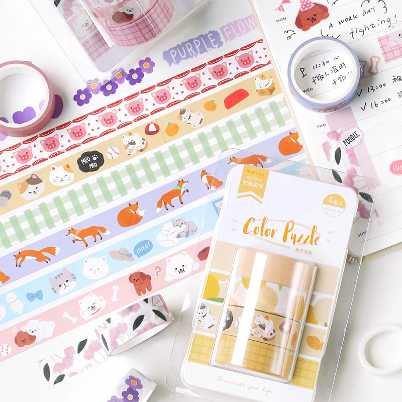 4 рулона/упаковка Цвет головоломки животных Сетка декоративная лента васи