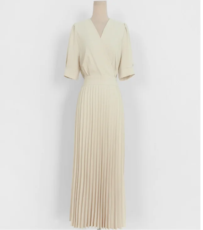 

Elegant French style women summer pleated dress v-neck slim high waist short sleeve mid dress