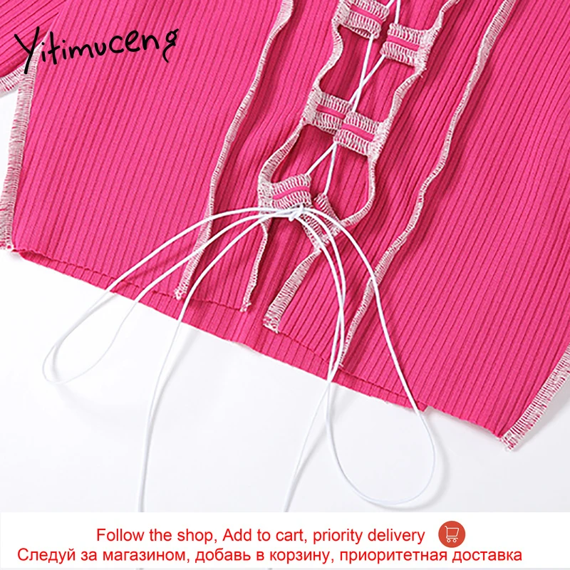 

Yitimuceng Harajuku Hollow Out Wrap Chest Women Tshirts 2021 Spring Fashion Sexy Streetwear Bandage Lace Up Long Sleeve Tops