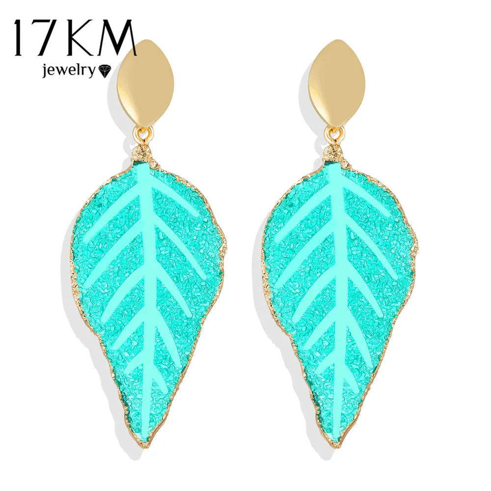 17 км Boho каучук зеленого цвета камень люстра серьги гвоздики для женщин Новая мода золотые металлические блестки пирсинг серьги листья текстурные украшения