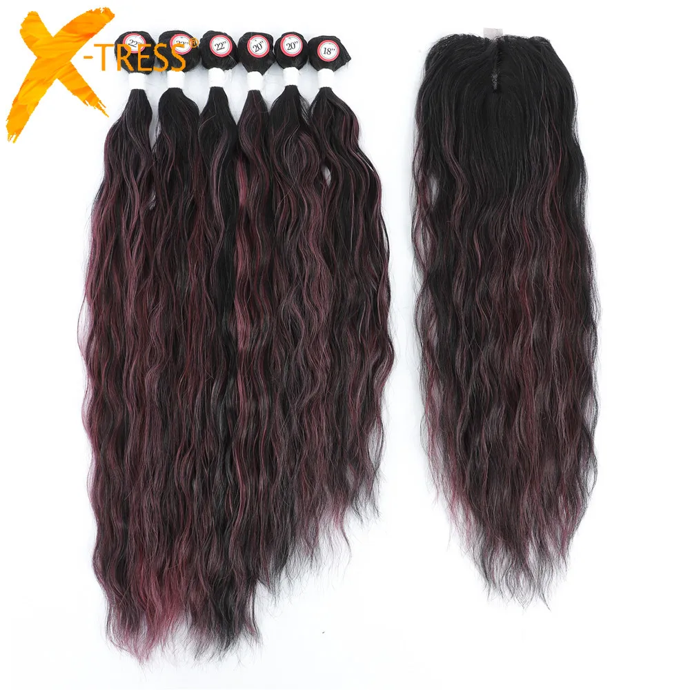 

Highlight Rose Pink Natural Wave Synthetic Hair Bundles With 4X4 Lace Closure X-TRESS Soft Fluffy Daily Use One Pack Extensions