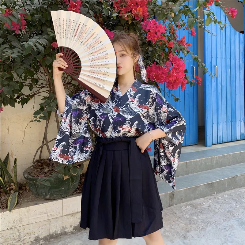 Ретро японский стиль винтаж Haori Kawaii Девушки Женщины Карп кимоно платье для