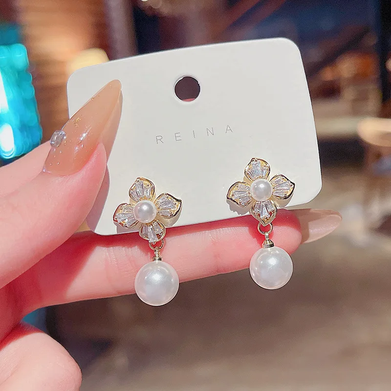 

S925 Silvers Needle New Long Tassel Pearl Dangle Earrings Female Flower Zircon for Women Jewellery Exquisite Wholesale