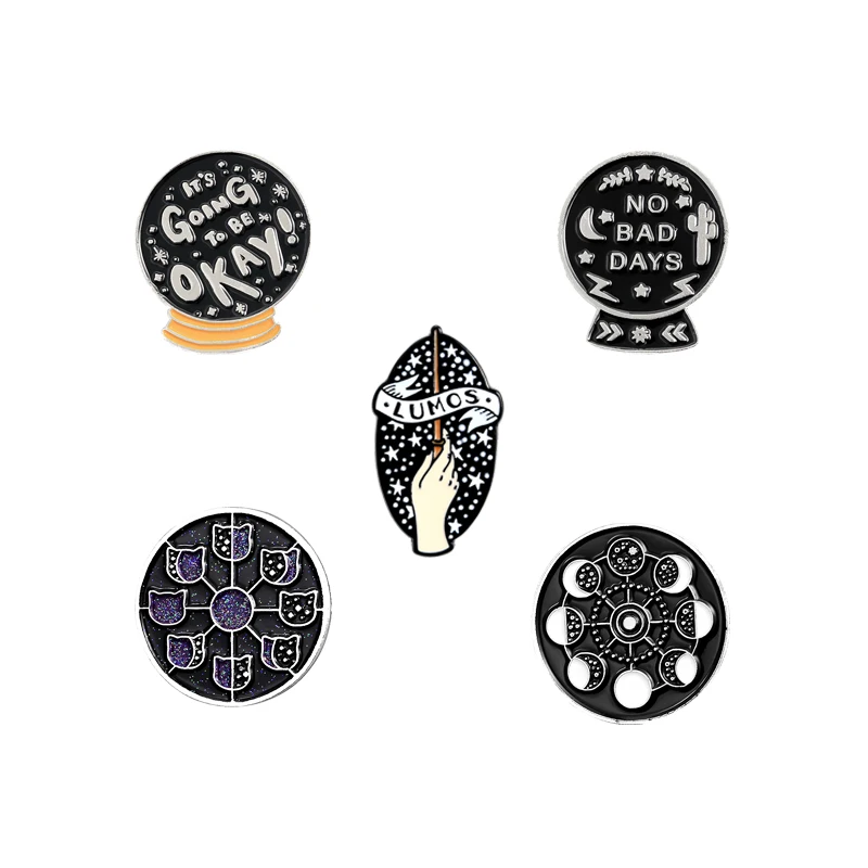 

NO BAD DAYS Letter Round Enamel Pin LUMOS Star Shining Cat Lunar phase Brooch Badge Women Men Friends Gift Accossories Gift