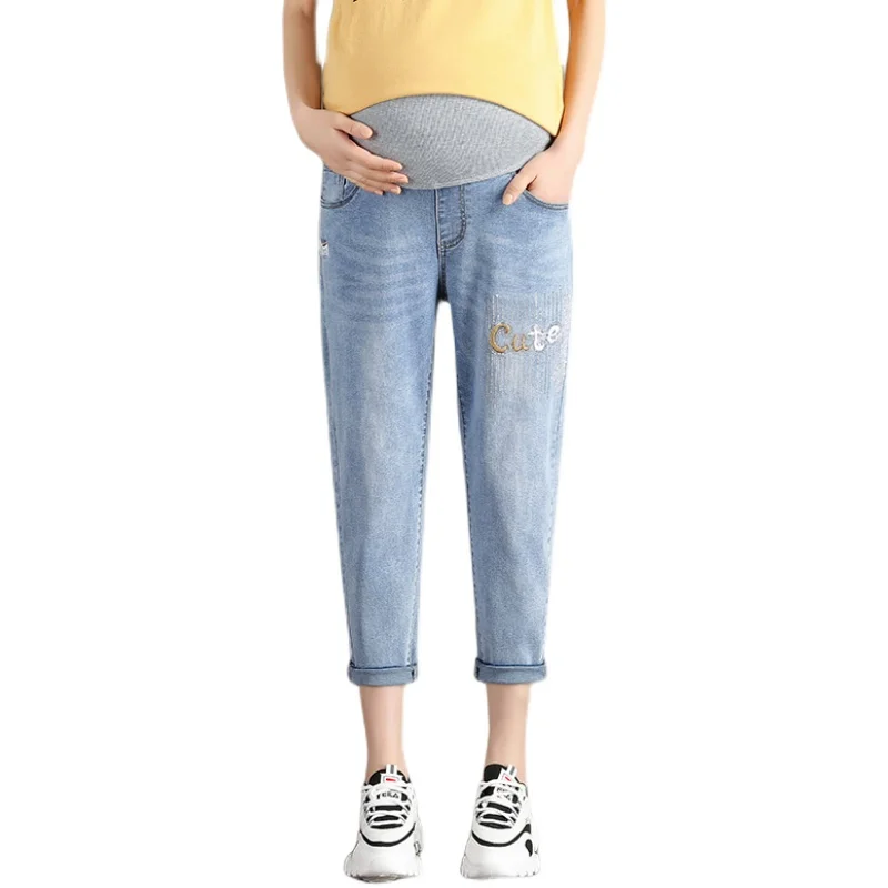 

309# Summer Thin Stretch Denim Maternity Jeans Chic Ins Straight Belly Pants Clothes for Pregnant Women Pregnancy Harem Trousers