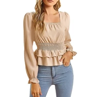 summer blouse causal elegant square neck ladies ruffle tops shirts women ruched waist puff sleeve t shirts plus size tops