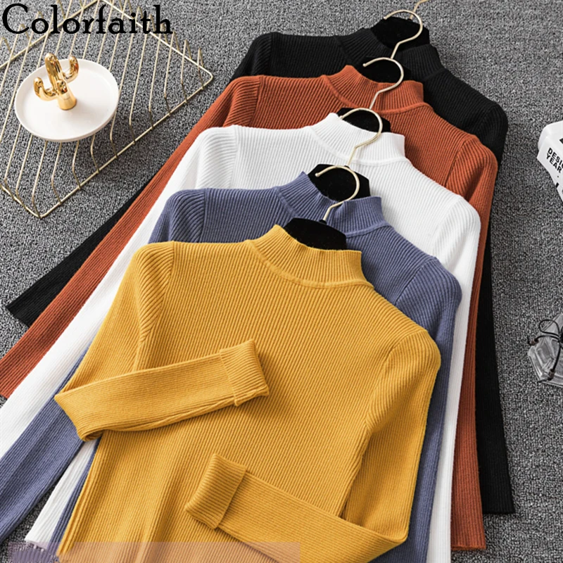 

Colorfaith New 2019 Autumn Winter Women's Sweaters Turtleneck Knitting Bottoming Warm Tops Korean Style Solid Minimalist SW021