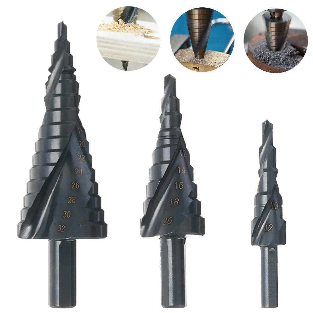 

3PCS / SET 4-32MM HSS Cobalt Stepper Drill Bit Set Nitrogen High Speed Steel Spiral For Metal Cone Triangle Shank Hole