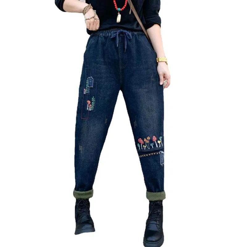 

New Winter Elastic High Waist Embroidery Small Mushrooms Jeans Female Loose Vintage Harem Pants s1770