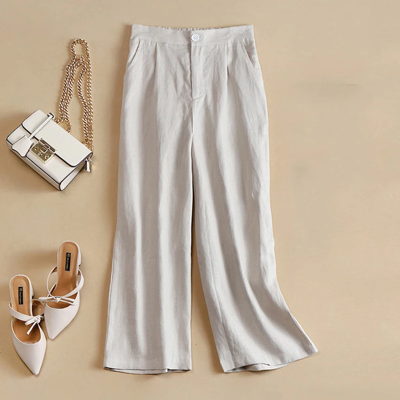 

365 Women Summer Natural Healthy Fabric Linen Ankle-Length Pants Office Ladies All-Match Solid Color Casual Loose Wide Leg Pants