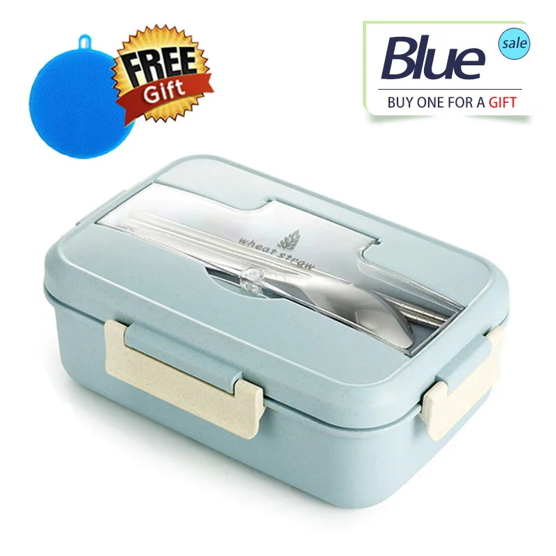 Blue Bento Ланч-бокс для детей с ложкой палочки для еды контейнер герметичный BPA бесплатно Пшеничная солома набор посуды Экологичная коробка для еды - Цвет: Blue