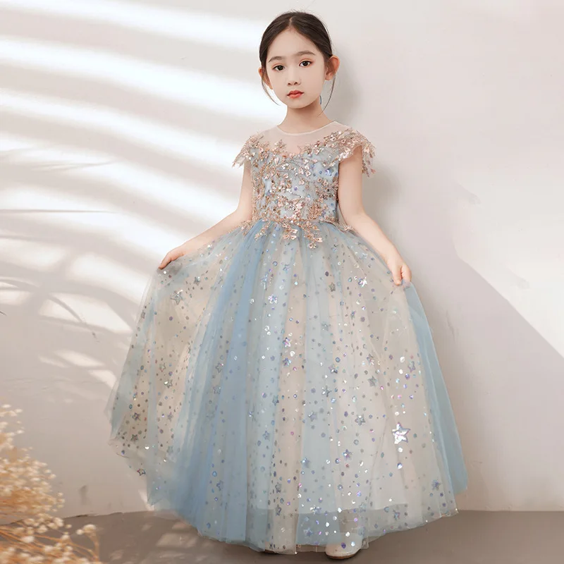 

Sequin Lace Kids Princess Dress Flower Girls Christening Gown Kids Clothes Elegant Party Wedding Costumes Birthday Clothing