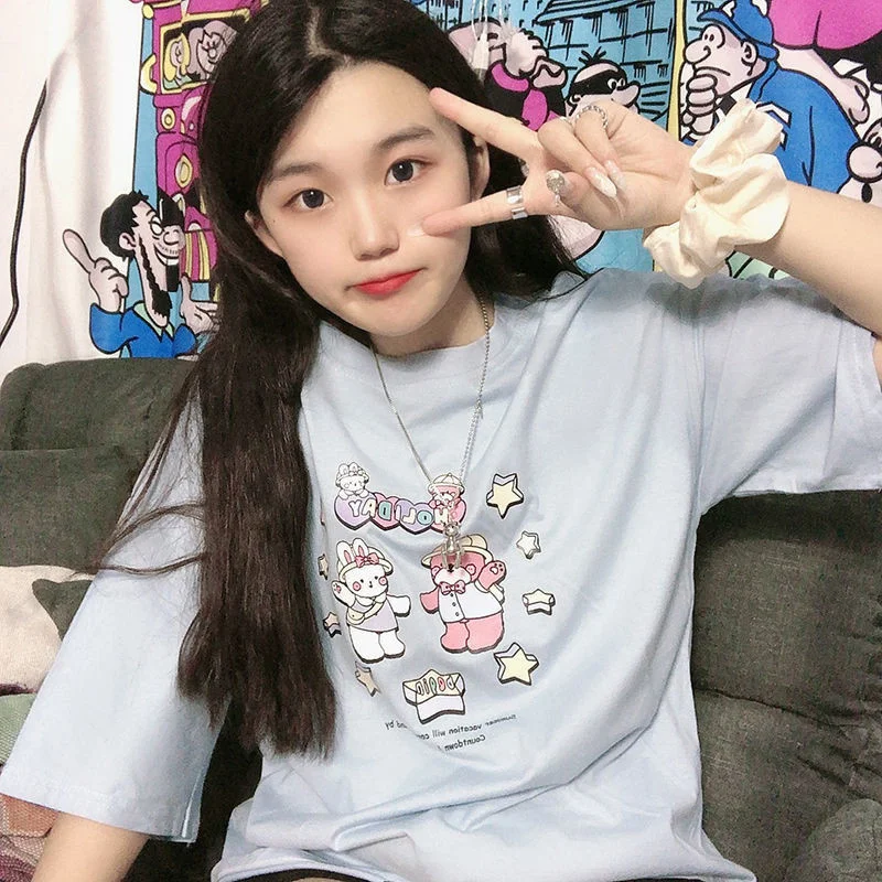 

2021 Kawaii свободная футболка, уличная одежда, летняя футболка оверсайз с круглым вырезом, женские Топы Harajuku с коротким рукавом, футболка в стил...