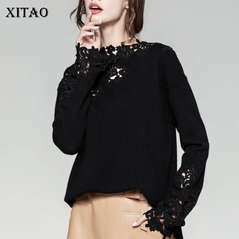 

XITAO Patchwork Hollow Out Solid Pullover Women 2021 Autumn Casual Fashion New Style Temperament All Match Women Clothes WMD3569