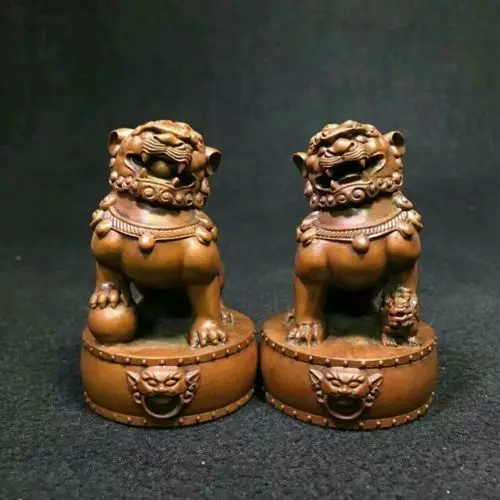 

Chinese Boxwood Wood Carving Fengshui Lion Fu Foo Dog Guardion Beast Statue Pair